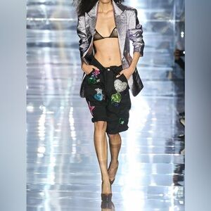 New Tom Ford Runway Sequin Patch Cotton Stretch Gabardine Cargo Shorts Black 44